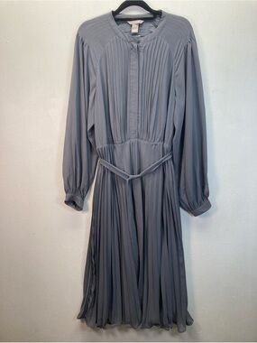 H&M Womens Pleated Long Sleeve Midi Dress Mock Neck Size L Gray
